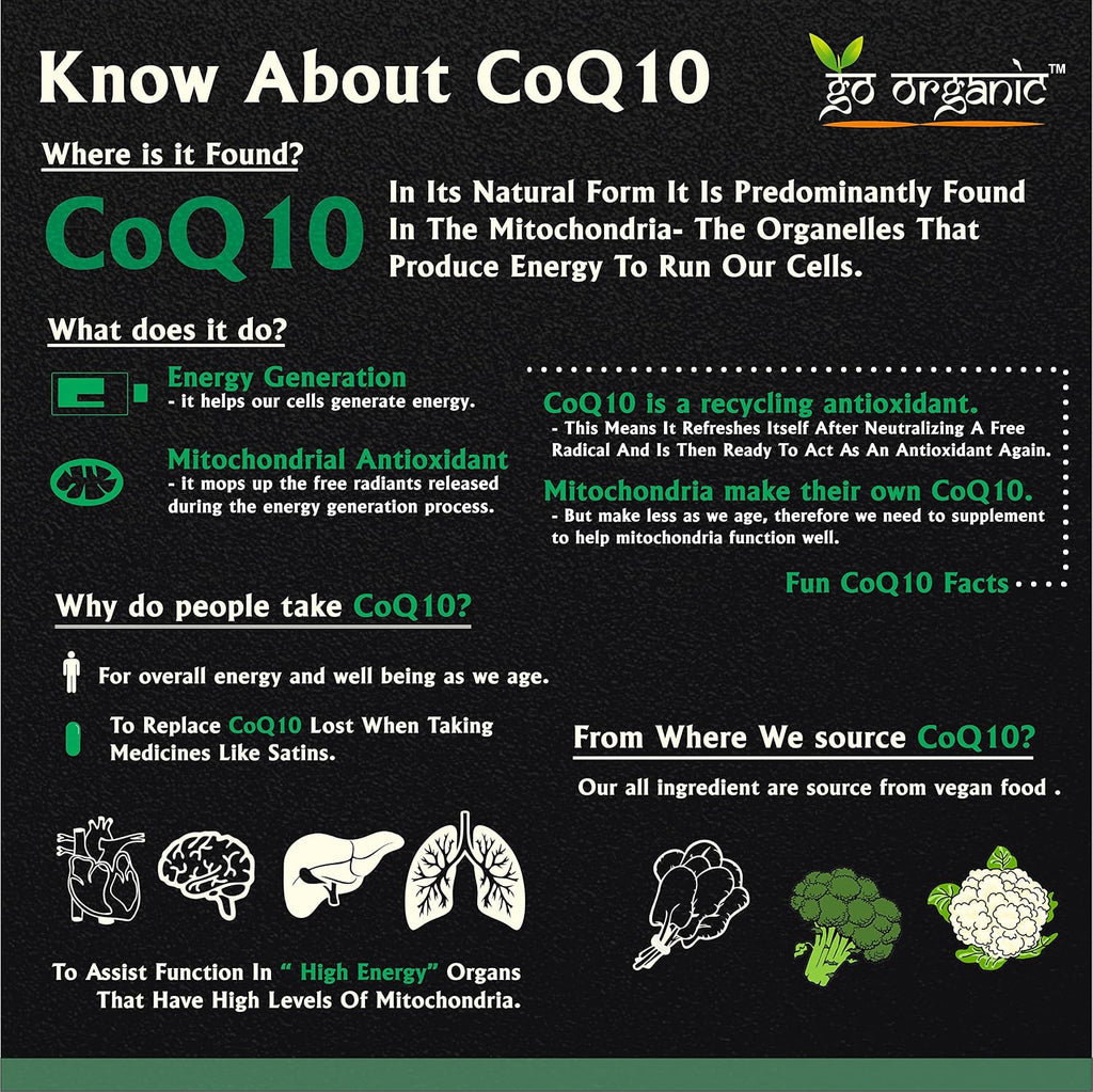 Go Organic Coenzyme Q10 100mg supplement with high absorption to improve BioPerine | 60 Capsule | Supplement for healthy heart and immunity 60 Count