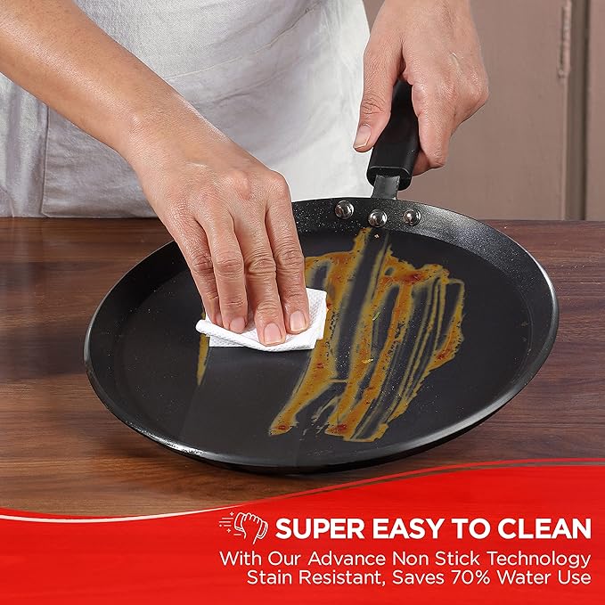 Vinod Hanos Non-stick Dosa Tawa 30cm Diameter, Hard Anodised Non-stick Coating With Bakelite Riveted Handle - 5.25 mm Thickness | Black