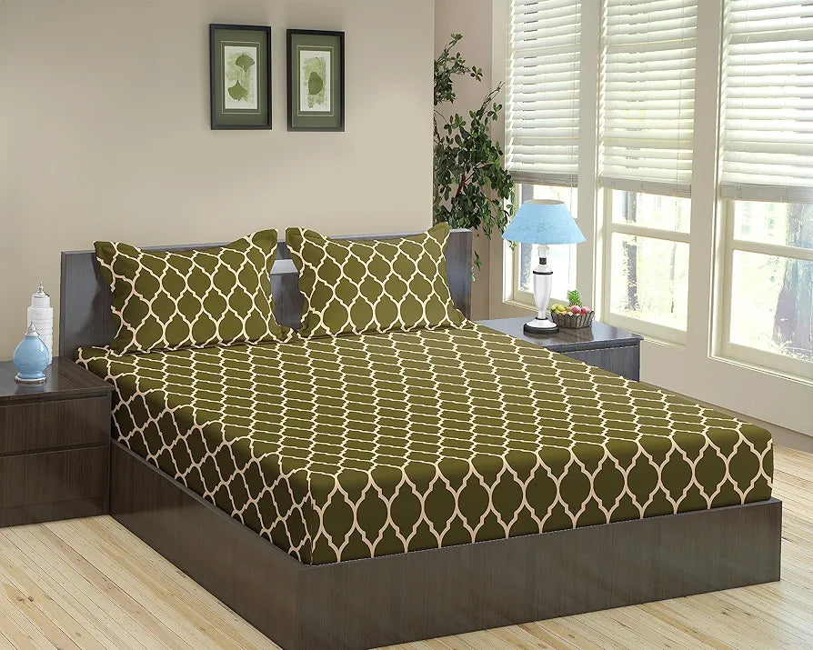 Trance Home Linen 200TC 100% Cotton 78"x60" Standard Queen Size Elastic Fitted Bedsheet Printed Queen Bed Size with 2 Pillow Covers Colour Dori Forest Green