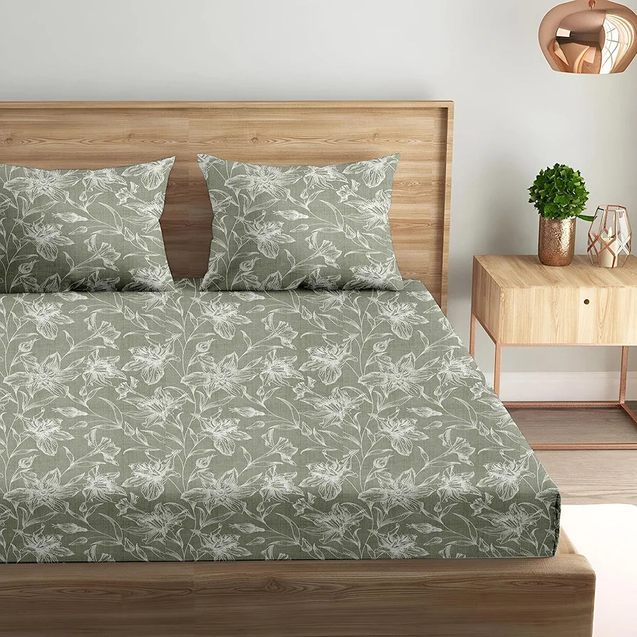 Trance Home Linen 100% Cotton 144TC Elastic Fitted Bedsheet Printed Queen Bed Size Elasticate Fitted Bedspread with 2 Pillow Covers Colour Serenity Misty Green
