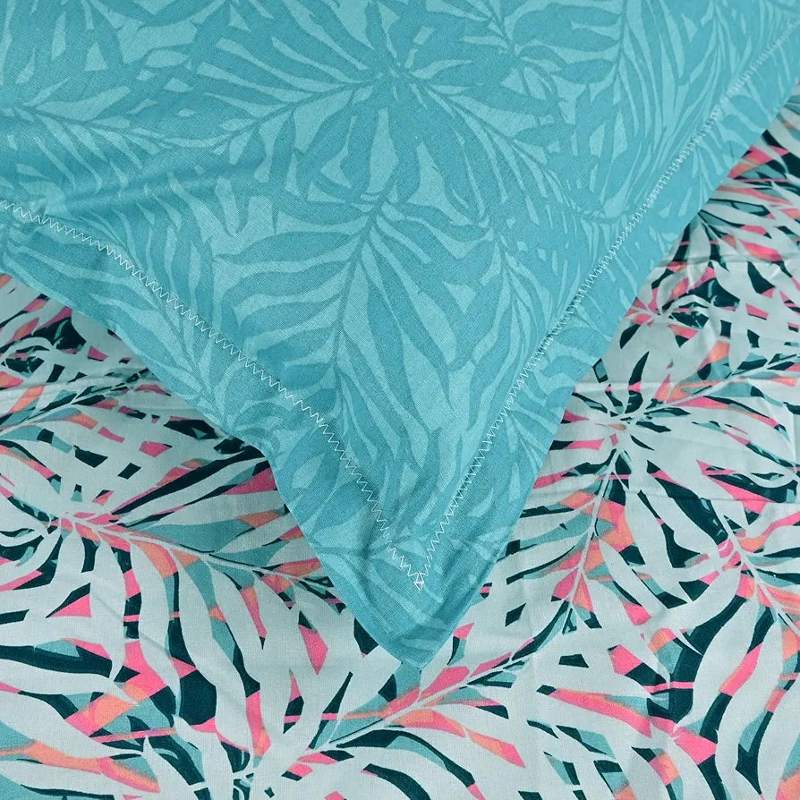 Divine Casa 144 TC 100% Pure Cotton Single Size Bedsheet with 1 Pillow Cover Tropical LeafColour Light Blue Pink