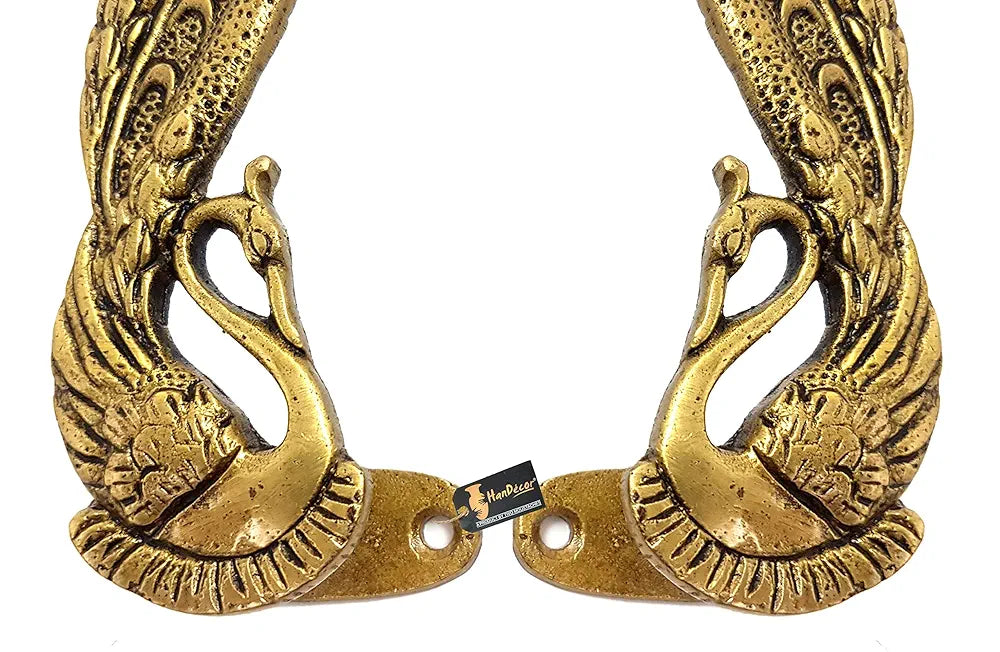 Two Moustaches Peacock Design 7 Inches Brass Door Handle Pair - Antique Yellow Standard