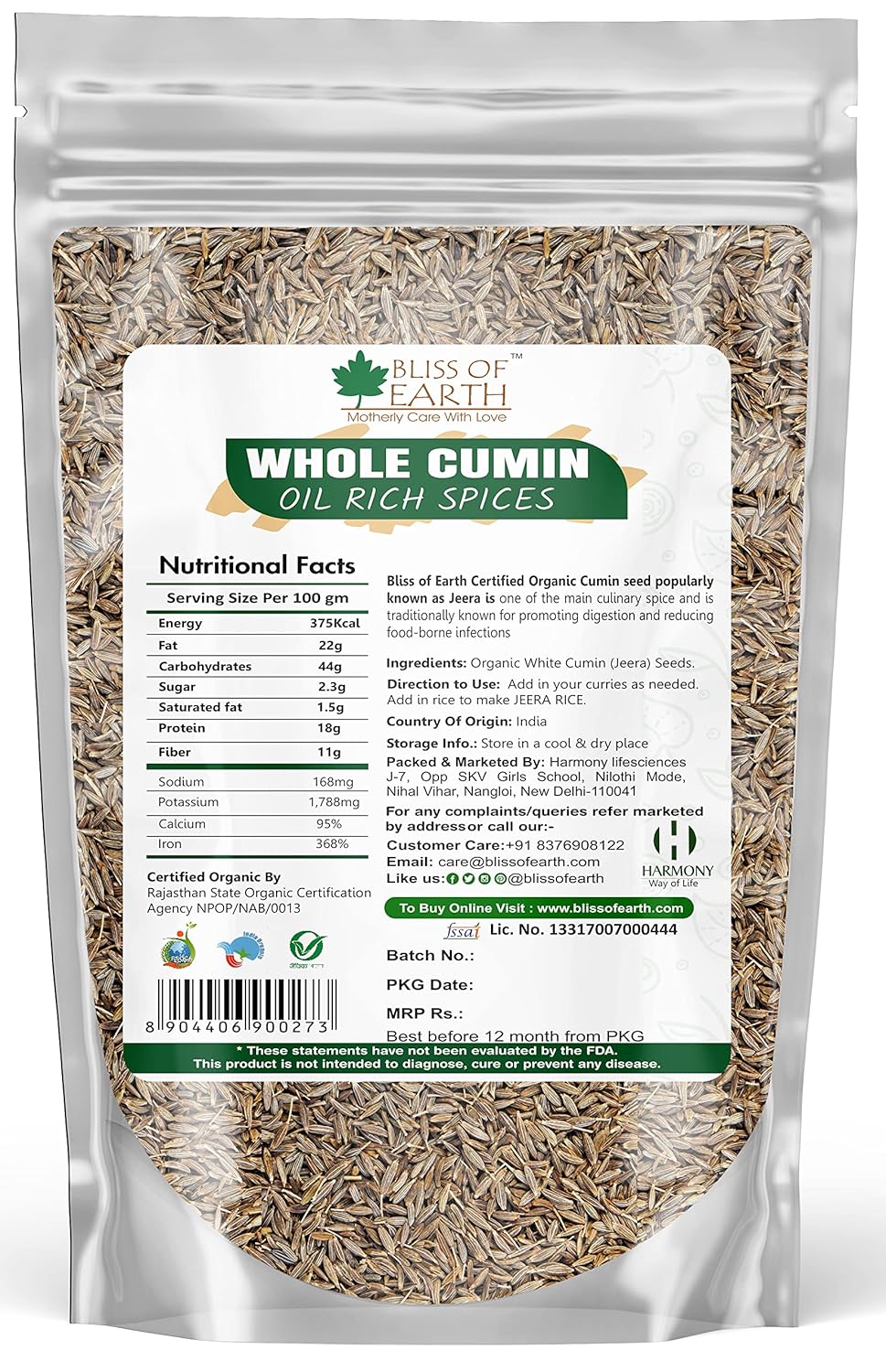 Bliss of Earth 1kg Organic Cumin Seed Jeera Whole Spice, Sabut Jeera best for cooking