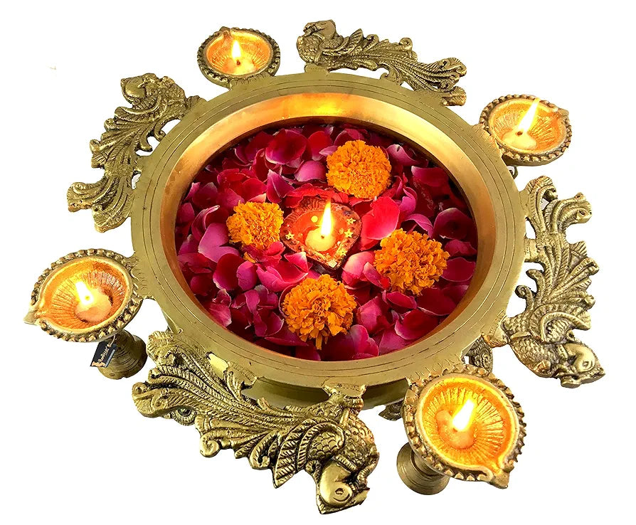 Two Moustaches Brass Peacock Design Urli with 4 Diyas