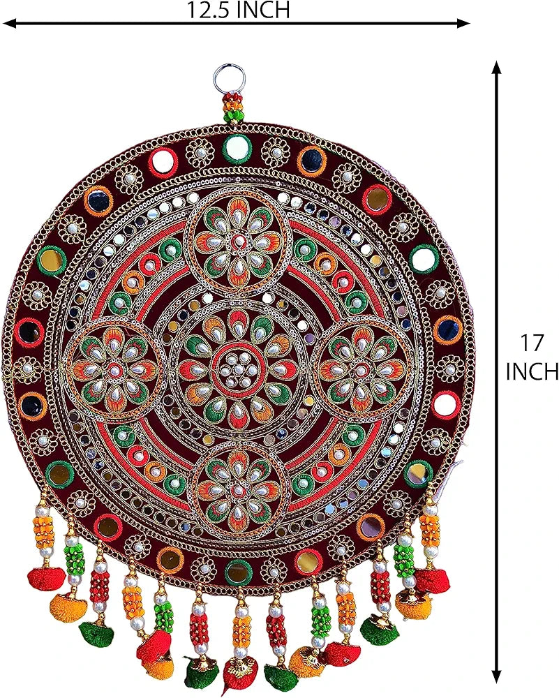 Velvet Traditional Round Floral Design Wall Decor Handicraft Wall Hanging Multicolour Round