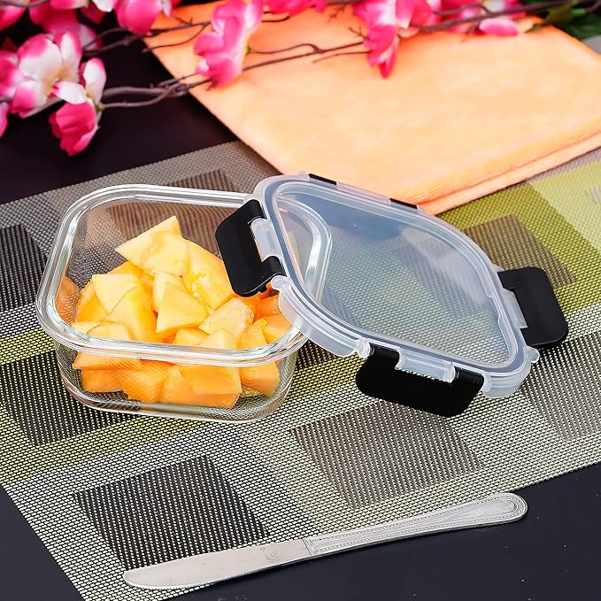 Femora Borosilicate Square Glass Container With Dectahable & Break Free Lid | Microwave Oven Safe | Black Color | 300 Ml