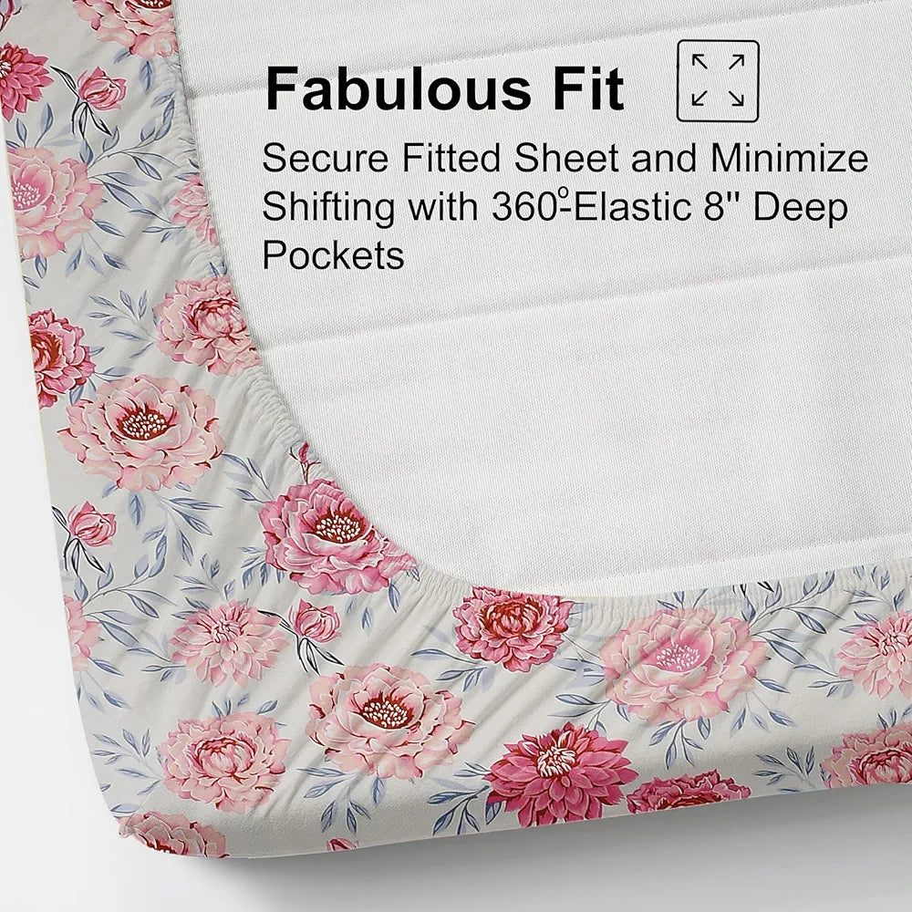 Fresh From Loom Floral Print 240 TC King Size Microfiber Fitted Bedsheet Set Soft & Anti Fade 2 Pillow Covers Included Rose-Offwhite