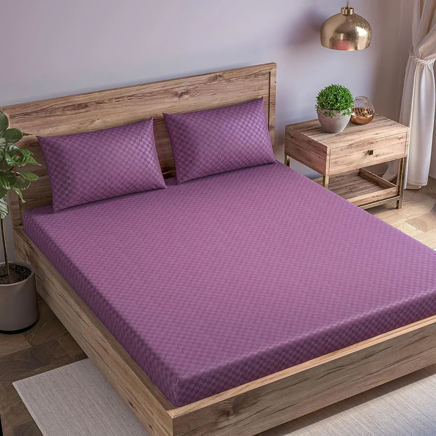 Trance Home Linen 300TC Jacquard Weave Fitted Bedsheet for King Size Bed with 2 Pillow Cover Skin Friendly Premium 100% Cotton 78 x 72 Inches Colour Plum
