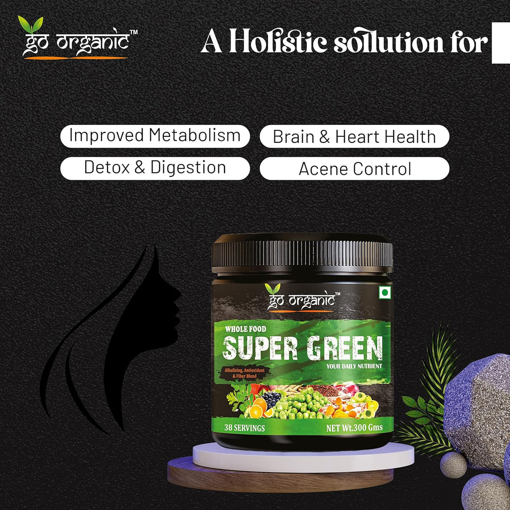 Go Organic Super Greens Powder (300g) | Organic Superfoods with Spirulina & Chlorella | Gluten-Free, Plant-Based Nutrition Drink for Immunity & Energy (Pack of 1)