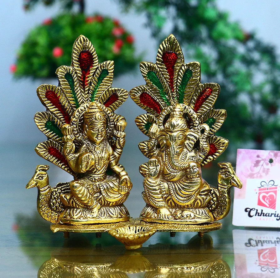 Chhariya Crafts Laxmi Ganesh Idol Statue with Diya Peacock Design Decorative Showpiece for Home and Office Decor Gift Item - 14 cm