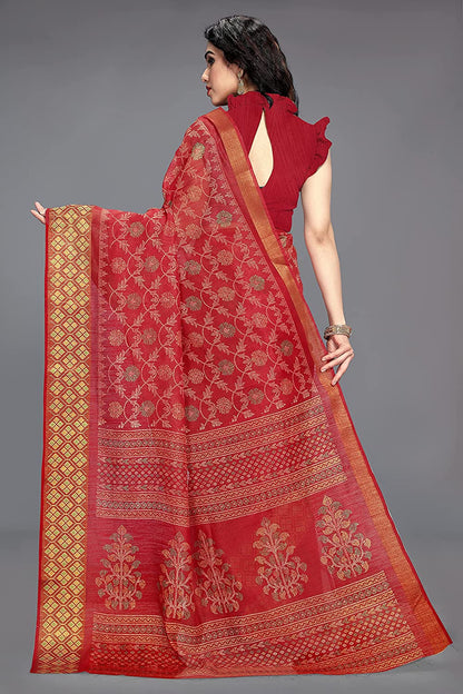 Mirchi Fashion Women's Red Cotton Blend Kalamkari Printed Saree