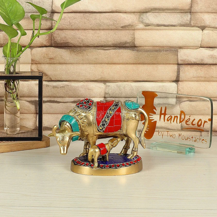 Two Moustaches Gemstone Work 5.5 Inches Kamdhenu Cow Brass Showpiece
