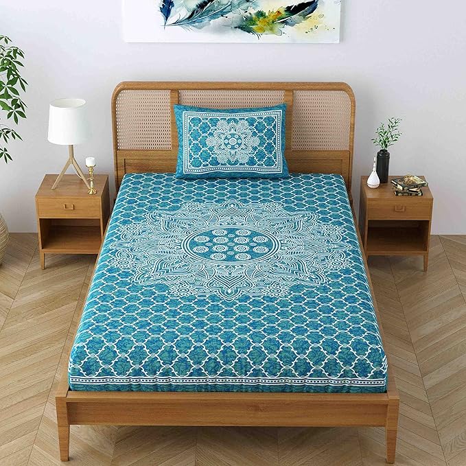 Colorish 120 Tc Cotton Blend Mandala Jaipuri Printed Bedsheet for Single Bed With 1 Pillow Cover | Sea Green