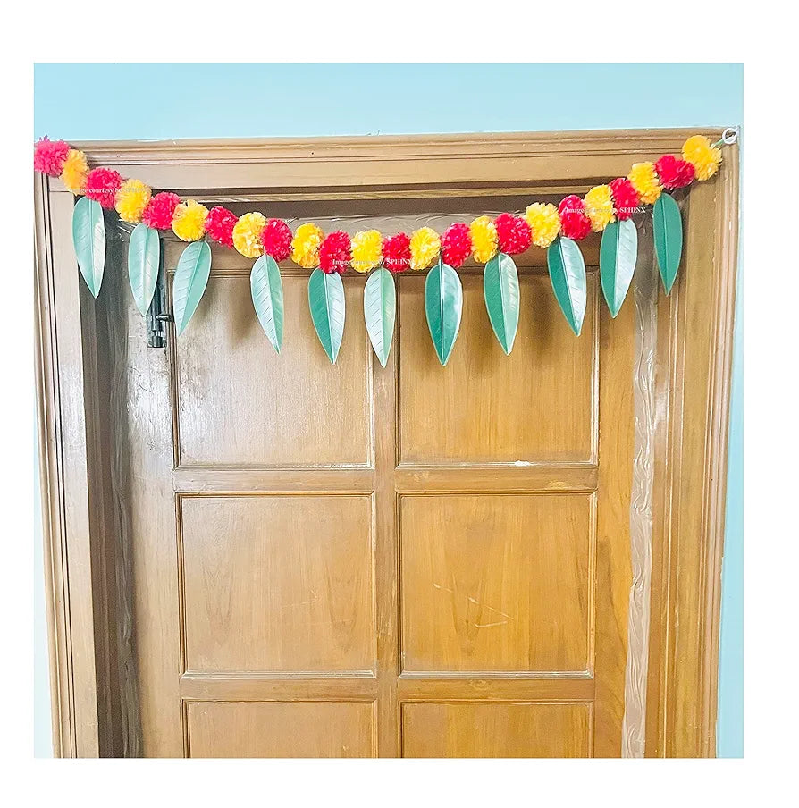 Artificial Marigold &Mango Leaves Simple Door-Window Toran Light Orange and Red