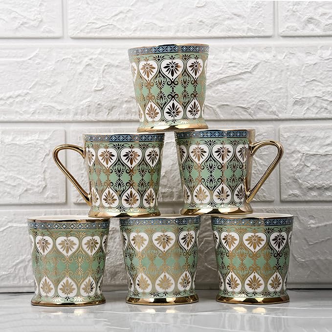 Femora Golden Leaves Pattern Golden Tea Mugs, Ceramic Tea Cups, Coffee Mugs | 160 Ml | Golden | 6 Pcs Set | Not Microwave Safe