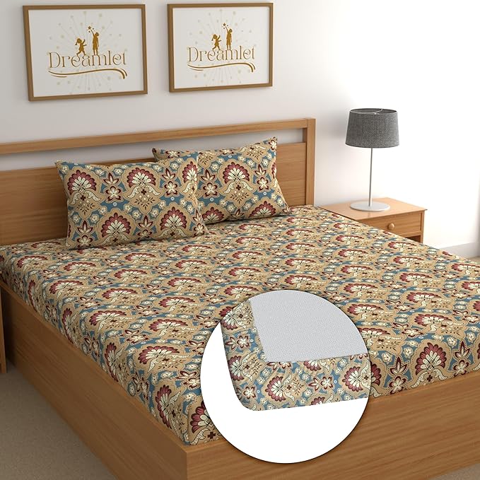 Dreamlet Bedsheet for Double Bed Elastic Fitted Bedsheet 180tc Glace Cotton Bedsheet With 2 Pillow Covers Brown Multi