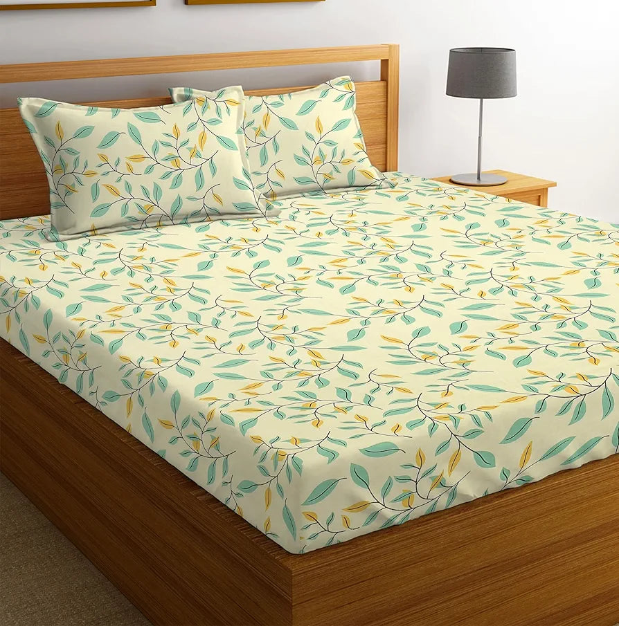 Homekart Premium Cotton Elastic Fitted Bedsheets with 2 King Size Pillow Covers Double Bed Flower Print Off White and Green 200 tc - 220 tc