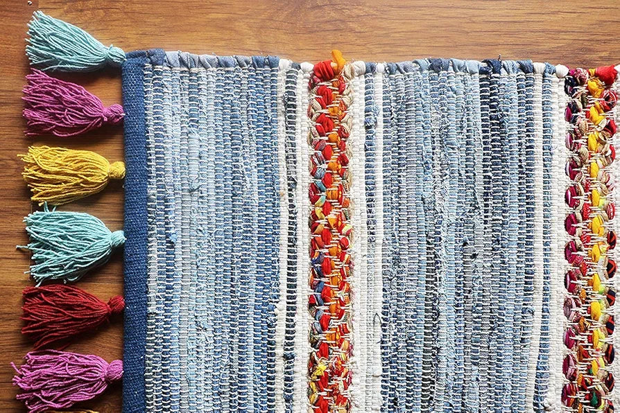 The Home Talk Cotton Chindi Rug Denim Carpets for Living Room Hallway Bedroom Denim Blue