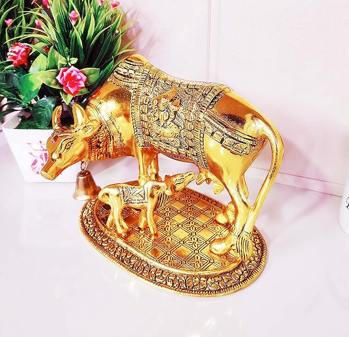 KridayKraft Kamdhenu Cow Calf with Bal Gopal Krishna Metal Statue for Good Luck Feng Shui As Table