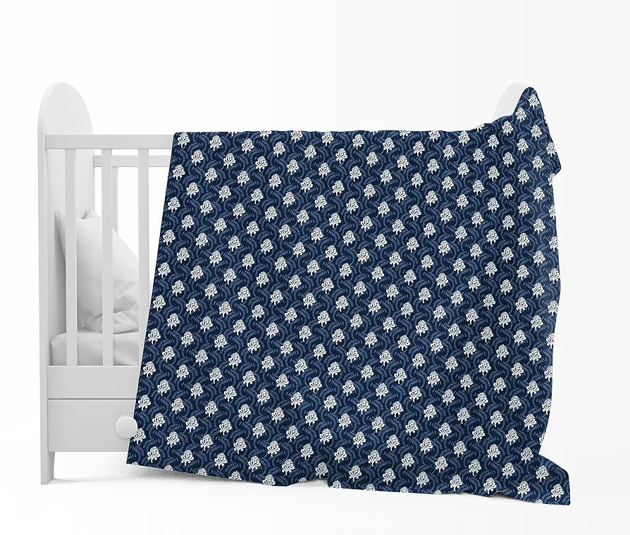 Divine Casa 120 GSM Microfiber Single Kids Dohar Soft & Lightweight Throw Blanket Floral Pattern Colour Medieval Blue & White