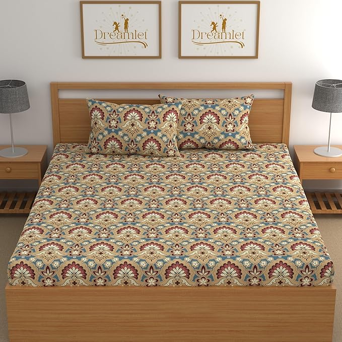 Dreamlet Bedsheet for Double Bed Elastic Fitted Bedsheet 180tc Glace Cotton Bedsheet With 2 Pillow Covers Brown Multi