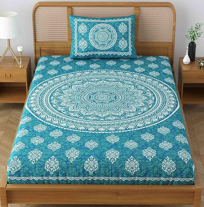 Colorish 120 Tc Cotton Blend Mandala Printed Jaipuri Bedsheet for Single Bed With 1 Pillow Cover | Sea Green