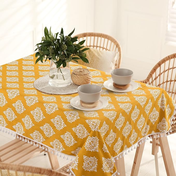 Urban Space Cotton Square Dining Table Cover Printed Anti Skid Table Cloth Colour Motif Mustard