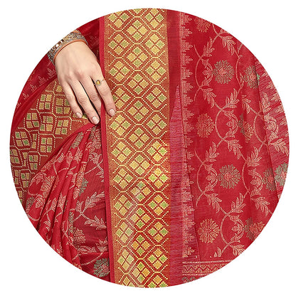 Mirchi Fashion Women's Red Cotton Blend Kalamkari Printed Saree