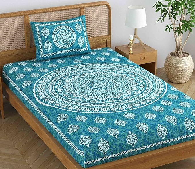 Colorish 120 Tc Cotton Blend Mandala Printed Jaipuri Bedsheet for Single Bed With 1 Pillow Cover | Sea Green