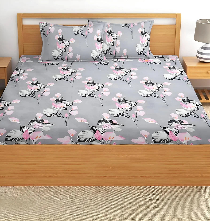 Starnstyle Polycotton 220 TC Floral Printed King Size Double Bedsheet with 2 Pillow Covers Grey Floral