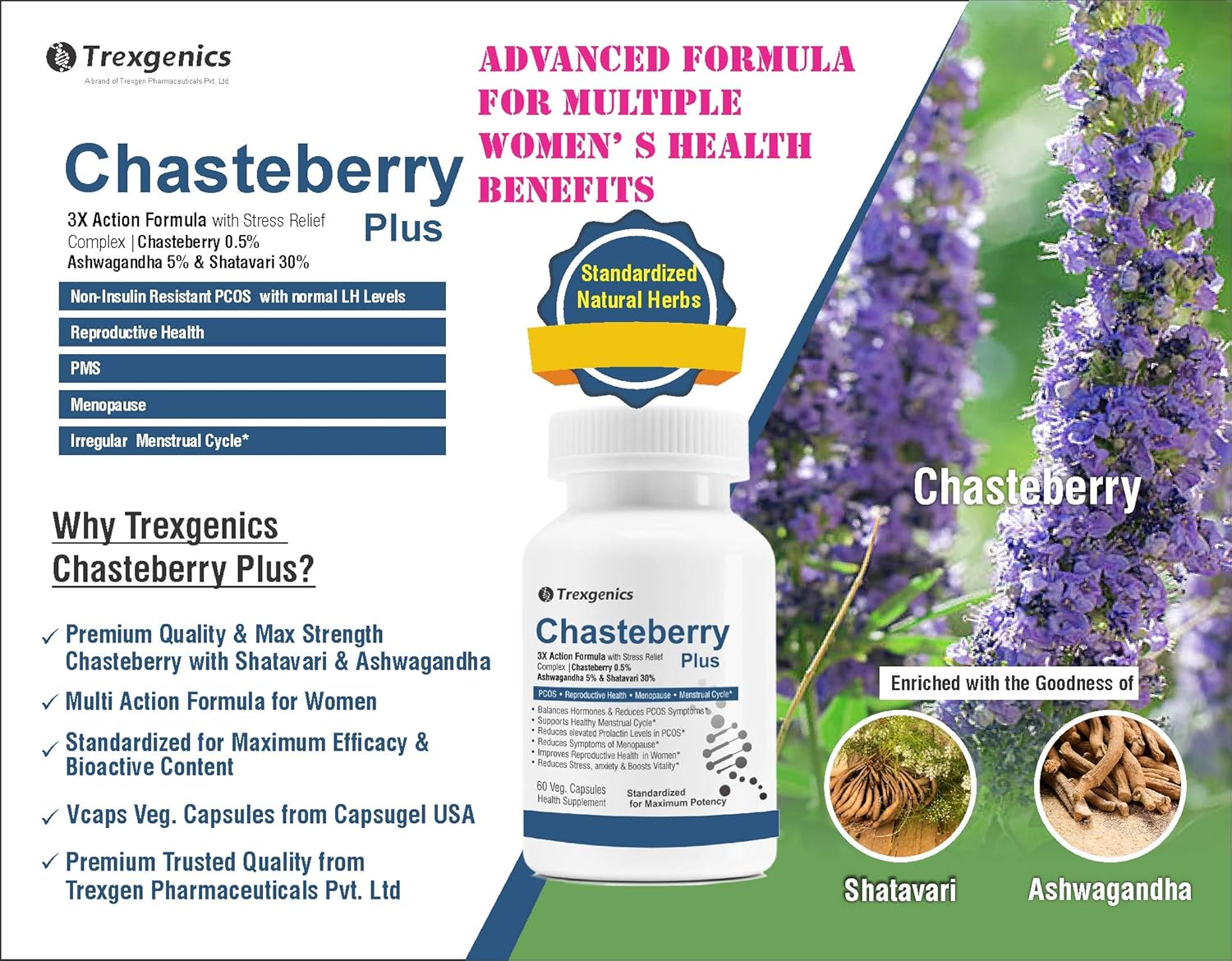 Trexgenics CHASTEBERRY PLUS Women's health formula with Chasteberry, Ashwagandha & Shatavari (60 Vcaps) (Pack of 1)