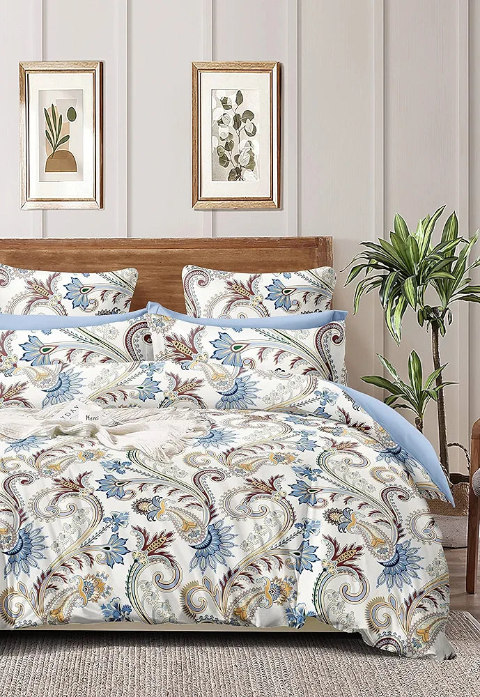 The Home Style Supersoft Cotton Feel Glace Cotton King Size Printed Flat Double Bedsheet with 2 Pillow Cover 400 TC Vanilla Mist