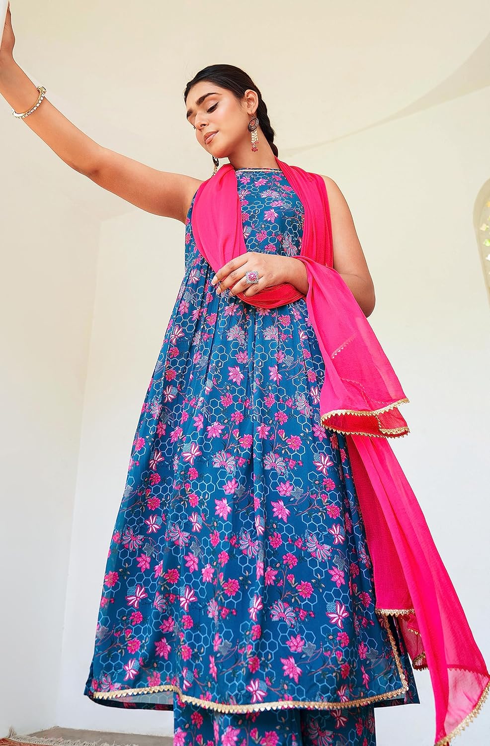 Janasya Women's Georgette Digital Floral Printed Embellished Kurta Set Blue