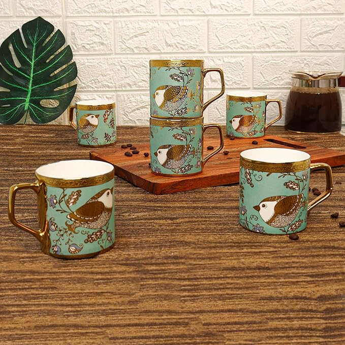 Femora Bone China Gold Tea Cup | Goldcrest Green | 180 Ml