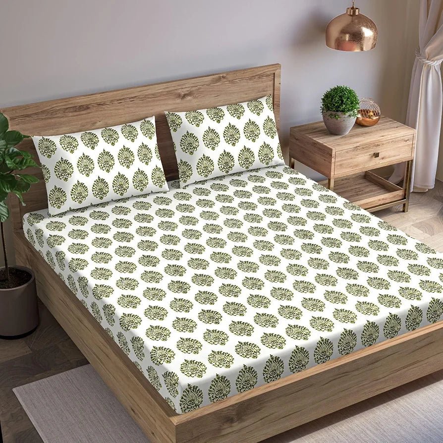 Trance Home Linen 100% Cotton 78"X60" Standard Queen Size Elastic Fitted Bedsheet Printed Queen Size with 2 Pillow Covers 200 tc Colour Damask Forest Green