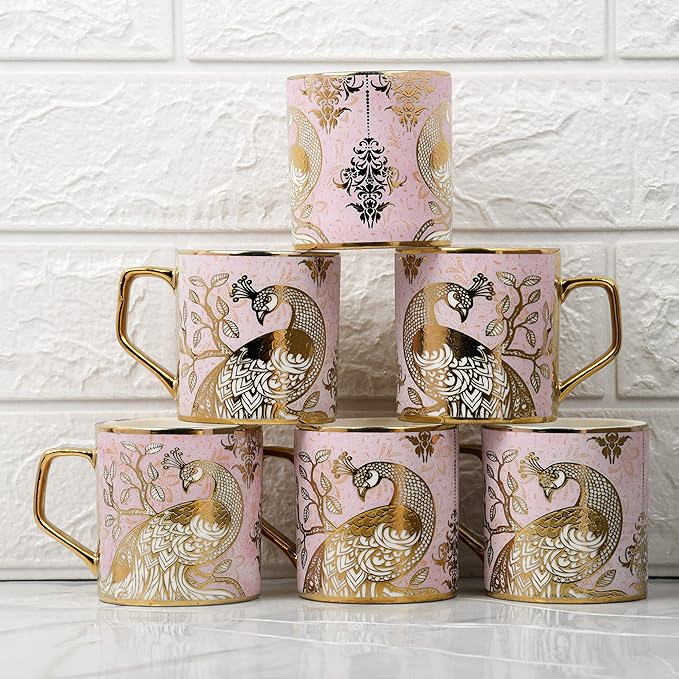 Femora Premium Pink Peacock Pattern Golden Ceramic Coffee & Tea Cup Set of 6 Pink Each - 125 gms