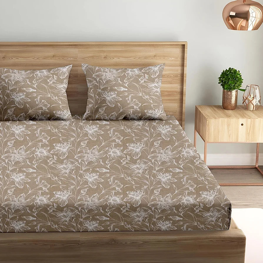 Trance Home Linen 100% Cotton 144TC Elastic Fitted Bedsheet Printed Queen Bed Size with 2 Pillow Covers Serenity Colour Beige