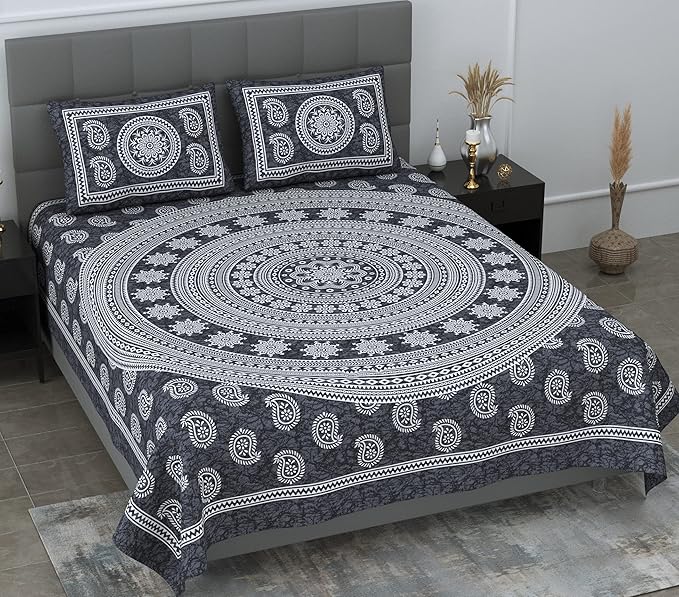 Colorish Motif Mandala Printed 144 Tc Cotton Double Bedsheet With 2 Pillow Covers | Grey