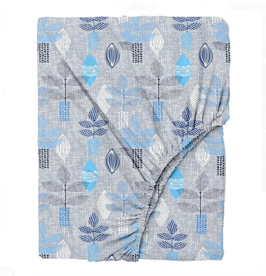Trance Home Linen Pure 100% Cotton 144Tc Printed King Fitted Bedsheet with 2 Pillow Covers 144 tc Textured Leaves Colour Blue