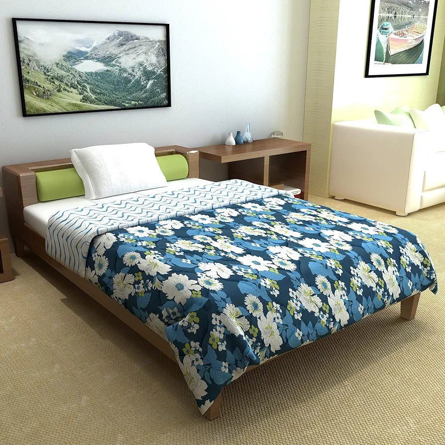 Divine Casa Microfibre All Weather Lightweight 120 GSM Printed Reversible Single Bed Size Quilt Comforter Blanket TC - 120 Colour Navy Blue and White
