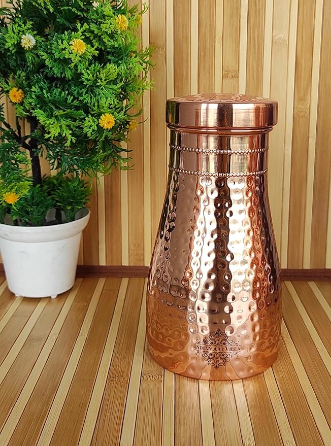 Indian Art Villa Pure Copper Bedroom Water Bottle With Inbuilt Glass Hammered Shine Design - 950 ml