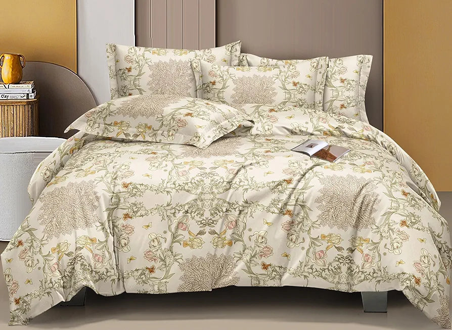 The Home Style 300 TC Cotton Feel Glace Cotton Elastic Fitted Printed King Size Double Bed Bedsheet with 2 Pillow Cover Floral Paradise Desert Ivory