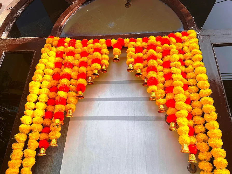 Artificial Marigold Bandanwar 40 Inch Yellow Orange Full Door Toran with Decorative Bells Multicolor Marigold With Bell Bandanwar