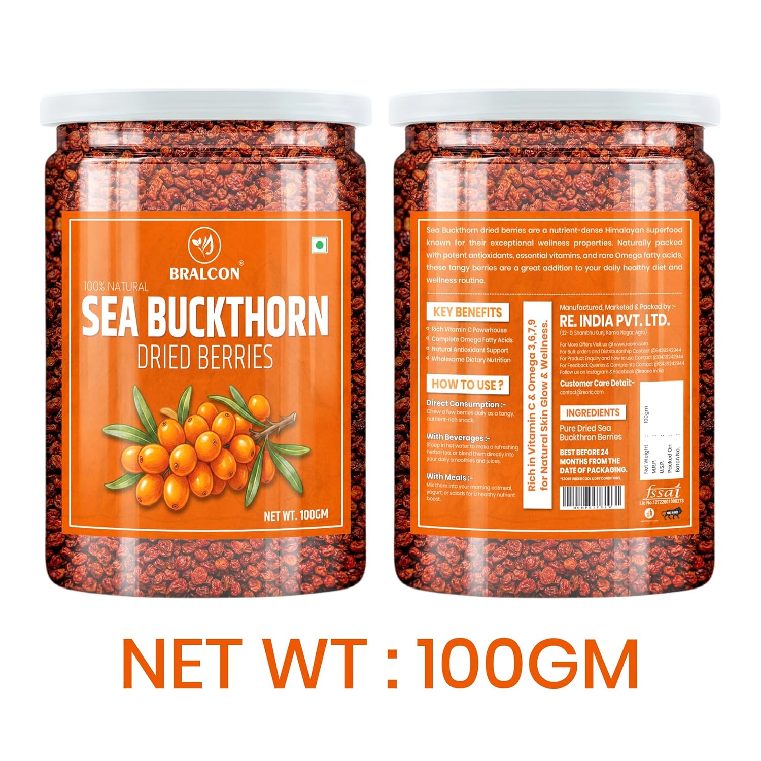 BRALCON Sea Buckthorn Dried Berries - 100 g, Natural Tangy Fruit, Premium Snack, Culinary Ingredient for Smoothies, Breakfast Bowls and Desserts, 100g Pack