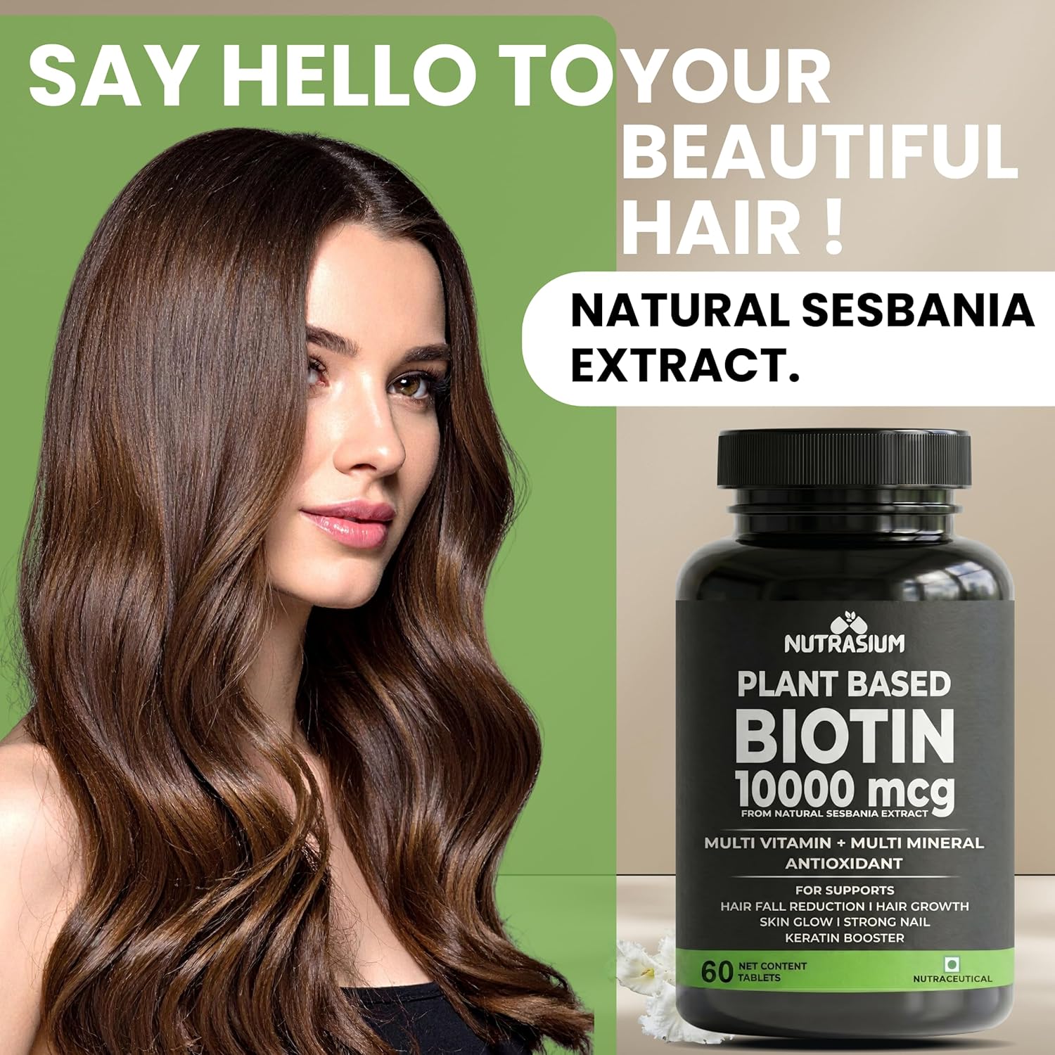 Nutrasium Plant Based Biotin, Collagen Booster, Keratin Builder with Amino Acid and Minerals | For Hair, Skin & Nail Radiance | Hair Vitamin (Biotin Collagen Booster Blend- 60 Tablets)