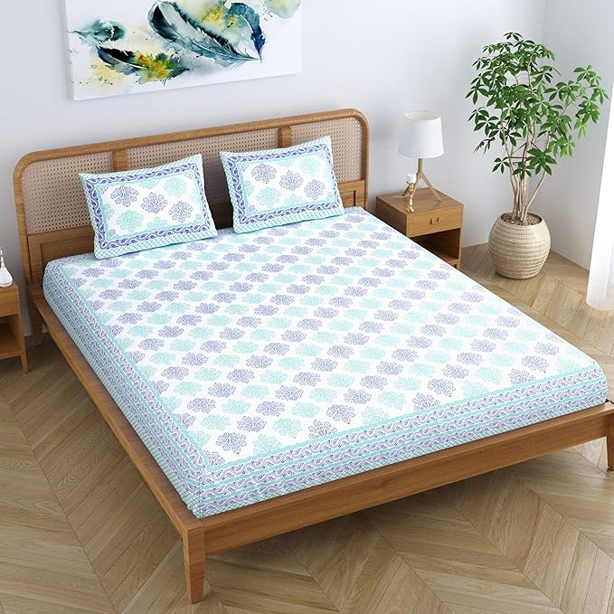 Colorish Jaipuri Traditional Floral Printed Bed Sheet With 2 Pillow Covers | Spectral Blue