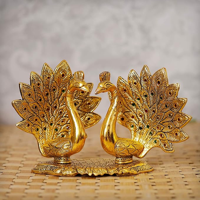 Ecraftindia Loving Golden Swan With Feather Couple 6inch Decorative Metal Figurine