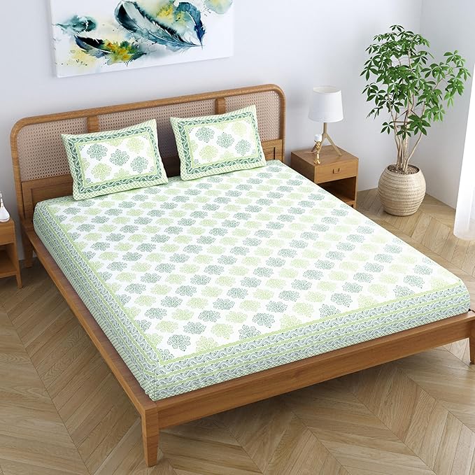 Colorish Jaipuri Traditional Floral Printed Cotton Blend Bed Sheet With 2 Pillow Covers | Pastel Green