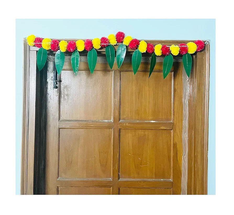 Artificial Marigold &Mango Leaves Simple Door-Window Toran Yellow and Red