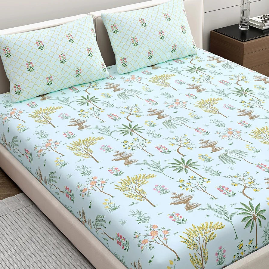 Dreamscape Cotton Value King Printed Bedsheet with 2 Pillow Covers Mint Green